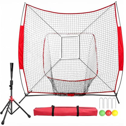 7' x 7' Baseball Net Set with Travel Tee, 3 Weighted Balls & Strike Zone for Hitting, Pitching, Batting & Fielding Training | Collapsible Portable Training Net for Indoor & Outdoor