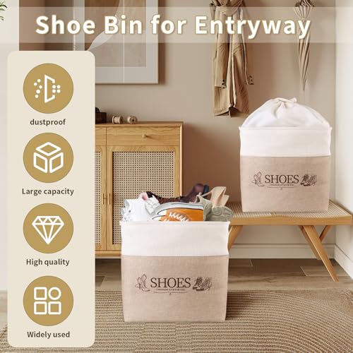 Shoe Basket Organizer, Large Capacity Fabric Entryway Shoe Storage Bin with Handle, Flodable Space-Saving Shoe Basket for Entryway, Hallway, Entryway and Mudroom - color: Khaki, style: Leather Buckle
