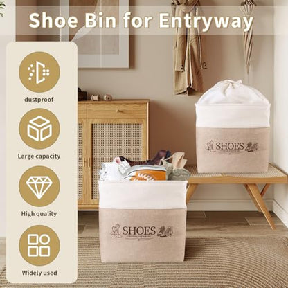 Shoe Basket Organizer, Large Capacity Fabric Entryway Shoe Storage Bin with Handle, Flodable Space-Saving Shoe Basket for Entryway, Hallway, Entryway and Mudroom - color: Khaki, style: Leather Buckle
