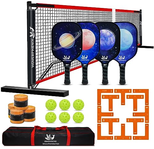 Hoverphenix Portable Pickleball Net Set, 22FT Regulation Size Pickle Ball Net with Paddle Set of 4, Pickleballs and Carry Bag, Easy Setup for Indoor Gym, Outdoor Court,Driveway, Backyard - color: BLACK & RED, style: Pickleball Net and Fiberglass Paddles