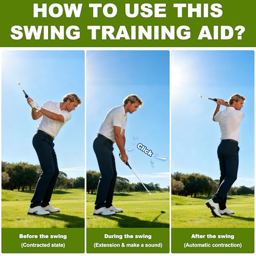 Pro-Level Retractable Golf Swing Trainer, Training Aid with Golf Grip Trainer, Golf Trainer for Beginners & Tempo Training for Advanced, Click Feedback, Arm Connection, Indoor/Outdoor