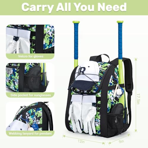 KAVIGOR Youth Baseball Bag, Softball Bag for Girls & Boys, Kids Tball Backpack with Shoes Compartment - color: Green Camo