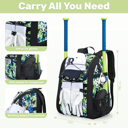 KAVIGOR Youth Baseball Bag, Softball Bag for Girls & Boys, Kids Tball Backpack with Shoes Compartment - color: Green Camo