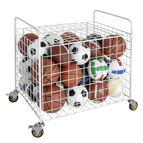 MyGift Professional Gym Metal Multi Sports Ball Storage Cart with Jumbo Industrial Wheels, Commercial Grade Portable Equipment Locker Cage for Basketball, Football, Soccer, Volleyball - color: White
