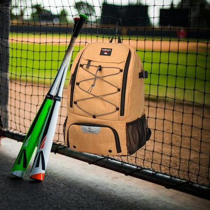Baseball Backpack, Baseball Bag for Youth, Softball Bat Bag with Shoes Compartment, Laptop Compartment & Holds 2 Bats, Small Baseball Bat Equipment Bags for Fence Hook, Glove Holder & Helmet - color: Khaki