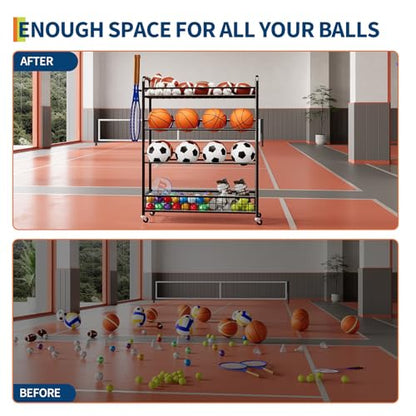 Garvee Basketball Rack, Rolling Basketball Training Stand, Sports Equipment Storage with Wheels, Four-Layer Organizer Holder with Two Basket for Basketballs Footballs Volleyball