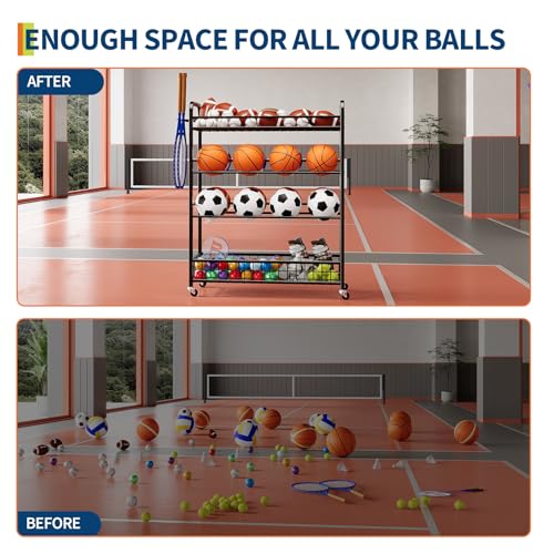 GarveeLife Garage Sports Equipment Organizer - Rolling Ball Storage Bin with Wheels, Garage Sports Gear Rack Outdoor Basketball Racks for Balls with Baseball Bat Holder and Hooks, Toy Organizer