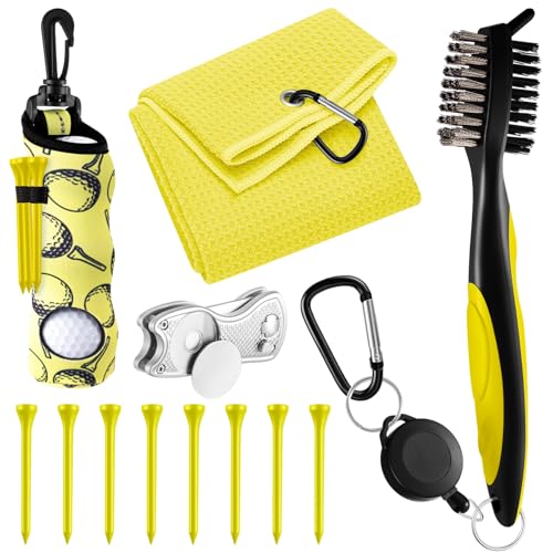 Liliful 12 Pcs Golf Accessories Kit, Include Golf Ball Bag with Hook Towel Tees Magnetic Ball Marker Divot Tool Cleaner Brush for Women Man Gifts - color: Yellow, style: Plain