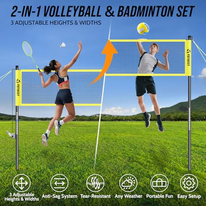 Outdoor Volleyball Net System for Backyard, Adjustable Height (5.1–8FT) & Width (20–32FT), Anti-Sag Tension System, 2-in-1 Badminton Combo Set with Carry Bag, Rackets & Shuttlecocks