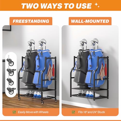 Ultrawall Golf Bag Storage Rack Organizer, Golf Bag Holder Stand for Garage, Golf Equipment Rack - size: 28.5in-Holds 2 Golf Bags