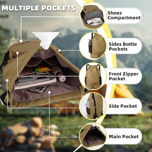 Sports Drawstring Backpack, Badminton Gym Bag Holds 2 Rackets with Shoe Compartment, Off-work, Everyday & Overnight Weekend - color: Khaki