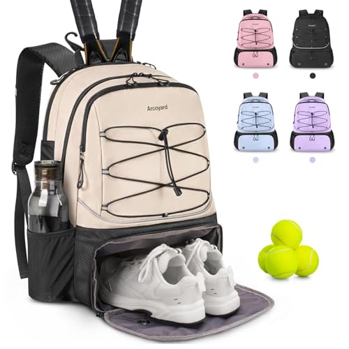 Arcoyard Tennis Bag Holds 2 Rackets, Professional Tennis Bags for Women, Tennis Backpack with Ventilated Shoe Compartment - color: Beige