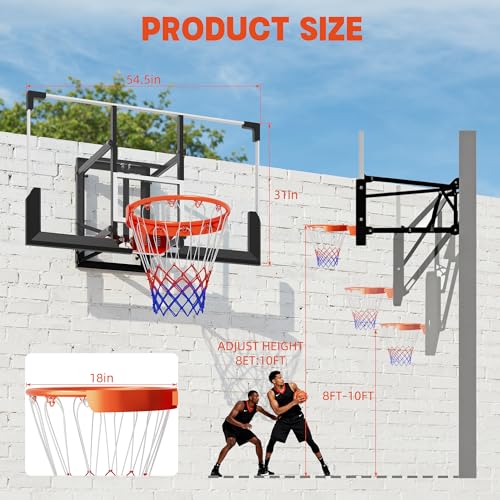 Adjustable Wall Mounted Basketball Hoop – 48 Inch Shatterproof PC Backboard, 8-10 FT Height, 18 Inch Sturdy Steel Rim, Indoor & Outdoor Basketball Goal for Home, Garage, or Gym