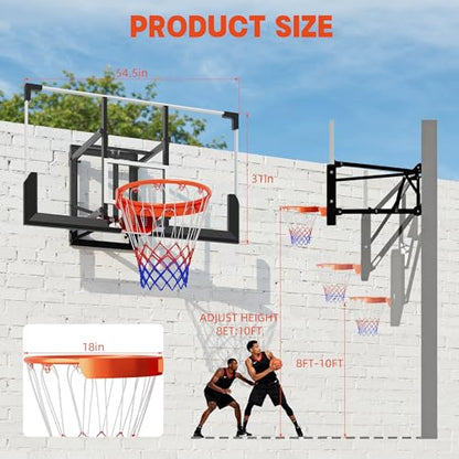Adjustable Wall Mounted Basketball Hoop – 48 Inch Shatterproof PC Backboard, 8-10 FT Height, 18 Inch Sturdy Steel Rim, Indoor & Outdoor Basketball Goal for Home, Garage, or Gym