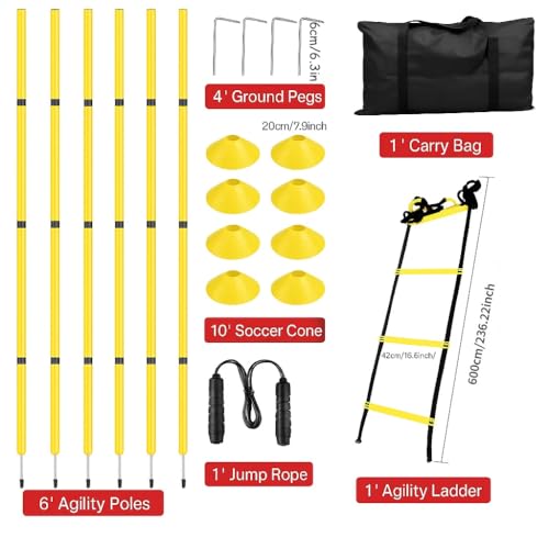 Soccer Agility Training Equipment, 6 Adjustable Soccer Training Agility Poles, 1 Speed Agility Ladder,10 Soccer Agility Cones for Training, 1 Jump Rope + Storage Bag for Youth Soccer Drills - color: yellow