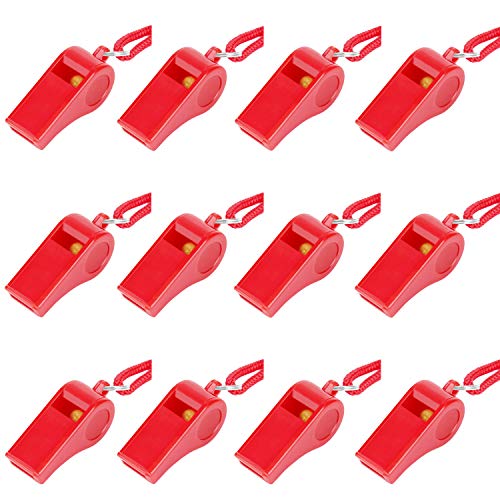 12PCS Red Emergency Whistle with Lanyard, Super Loud Plastic Whistles Bulk Perfect for Self-Defense, Lifeguard and Emergencies