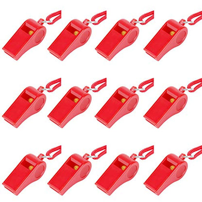 12PCS Red Emergency Whistle with Lanyard, Super Loud Plastic Whistles Bulk Perfect for Self-Defense, Lifeguard and Emergencies