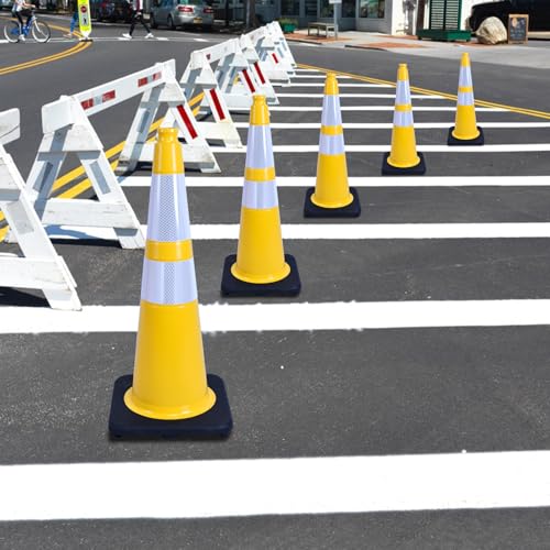 4 Pack 28 Inch Yellow PVC Traffic Cones Black Base Stable Flexible, Road Safety Construction Zone Crowd Control Parking Safety Cones (4, Yellow, 28 Inch) - color: Yellow, size: 28 Inch