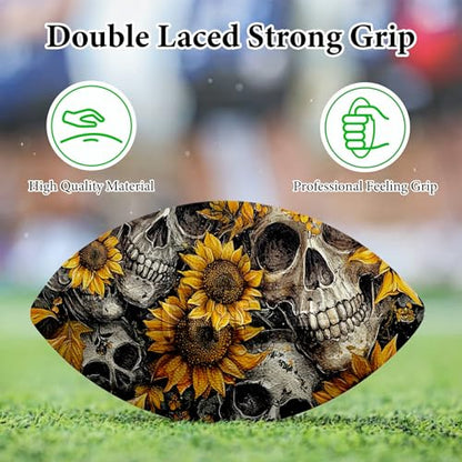 American Football, Official Size 11.9 x 7.3 Inch, Premium Composite Leather High-Grip Ball with Pro-Style Lacing, Unique Prints for Training, Games & Gifts - color: Sunflower Skulls