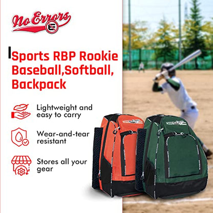 No Errors Sports RBP Rookie Baseball and Softball Backpack - Youth Baseball and Softball Bat Bag with Fence Hooks - Baseball and Softball Equipment Bag for Kids - color: Green