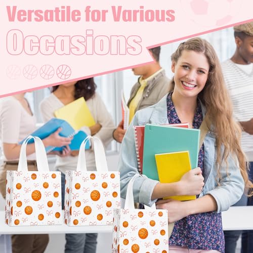 Sweetude 24 Pcs Basketball Gift Bags Bulk with Handle Pink Bow Tote Non Woven Sport Party Favor Gift Bag 7.9 x 7.9 Inch Party Favor Treat Candy Bag Supply for Birthday Team Snack (Basketball Classic)