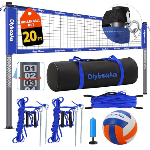 20ft / 32ft Portable Outdoor Volleyball Net Set for Backyard Beach Grass with Heavy Duty 1.25" Adjustable Poles, 28-Ply PE Net, PU Volleyball & Pump, Large Storage Bag - color: Blue, size: 20ft