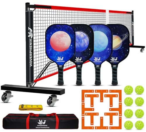 Hoverphenix Portable Pickleball Net Set, 22FT Regulation Size Pickle Ball Net with Paddle Set of 4, Pickleballs and Carry Bag, Easy Setup for Indoor Gym, Outdoor Court,Driveway, Backyard - color: BLACK & RED, style: Pickleball Net Set with Wheels