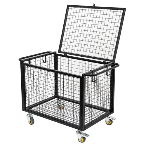 Metal Basketball Rolling Cart Sports Equipment Storage Wheel Basket Matte Black Athletic Lockable Cage with Raised Handle Gym Home Garage School Court Field Football Soccer Ball Volleyball Bat