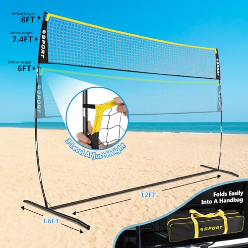 12FT Portable Volleyball Training Net Equipment Set with 2 Volleyball,Pump and Carry Bag.Outdoor/Indoor Freestanding Volleyball Practice Net 3 Adjustable Height for Driveway