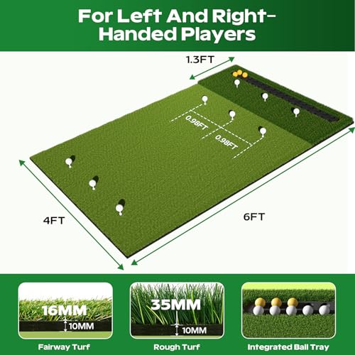 RIKADE Golf Mat - 5x4ft & 6x4ft 26mm-31mm Golf Hitting Mat for Simulators, Backyard, Garage, Indoor & Outdoor Use, Features Dual-Turf Mats with Ball Tray for Chipping and Swing Training - style: 6 x 4 ft, 1.02 in, Dual-Turf