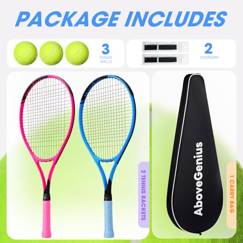 AboveGenius Neon Tennis Rackets 2 Pack for Adults- 27" Lightweight Aluminum Tennis Racquet Set with 3 Balls & Bag- Vibrant High-Visibility Matte Finish for Men Women Beginners - color: Pink/Blue