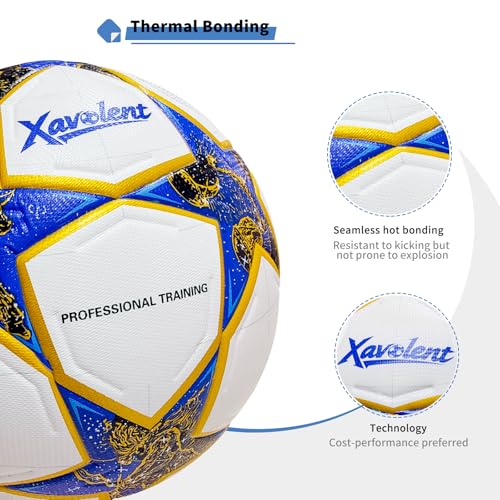 Professional Soccer Ball Size 5, Thermal Bonded Waterproof PU Match-Quality Training Ball with Pump - color: blue gold, size: size 5