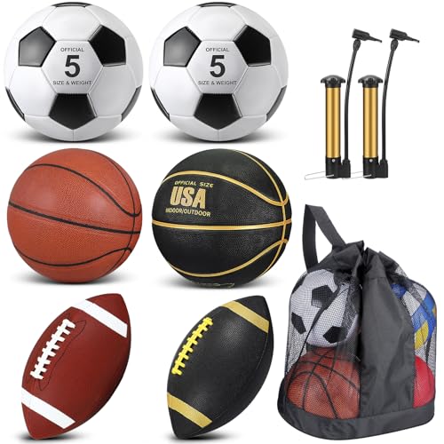 Sratte 6 Pcs Sports Balls Set for Teens Adults Official Size Football Soccer Basketball with Pump Sports Equipment Bag for Youth Training Practice Sport Gift Back to School - color: Black Gold