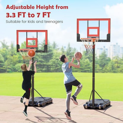 GYMAX Basketball Hoop Outdoor, 3.3-7/10 FT Adjustable Portable Basketball Goal with Wheels, PC Backboard, Fillable Base for Kids, Youth & Adults in Backyard, Driveway, Pool