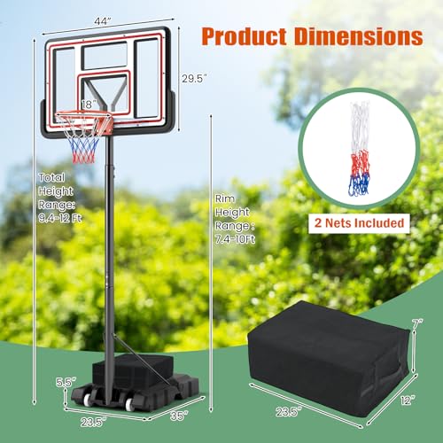 Giantex Portable Basketball Hoop Outdoor - 7.4-10 FT Height Adjustable Basketball Goal System w/ 44 Inch Shatterproof PC Backboard, Fillable Base, Basketball Hoop Indoor for Adults, Backyard, Driveway