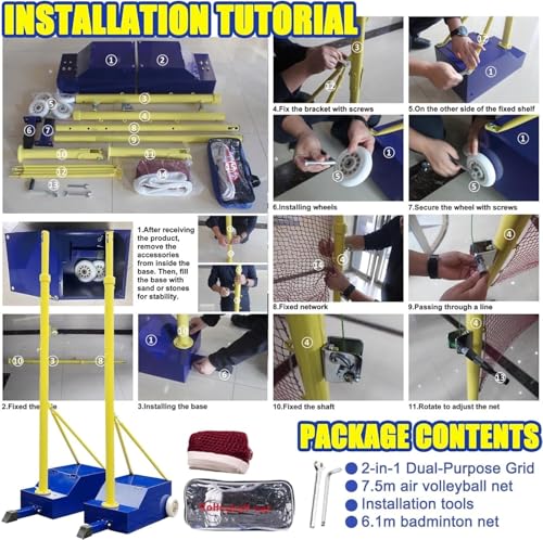 Volleyball/Badminton Poles, Volleyball Net Badminton Sets for Backyards, Volleyball Poles with Wheels, Adjustable Heights 5.1 ft-6.9 ft, Heavy Duty Volleyball Net with Poles, (Blue+Yellow)