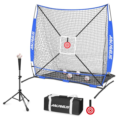 6'X6' Baseball Softball Practice Net,Pitching Net,Batting Net,with Bonus Strike Zone,Target and Bow Frame,for Hitting,Pitching,Catching - size: 6 x 6 FT, style: Full Mouth Version-Blue