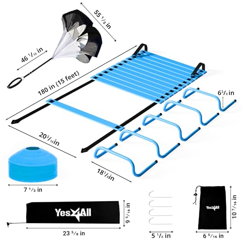 Yes4All Agility Ladder Speed Training Equipment Set - 1 Adjustable Agility Ladder, 12 Soccer Cones, 5 Hurdles, Jump Rope, Running Parachute - Speed & Agility Training Equipment for All Ages - color: C. Set Blue with Jump Rope