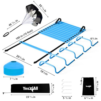 Yes4All Agility Ladder Speed Training Equipment Set - 1 Adjustable Agility Ladder, 12 Soccer Cones, 5 Hurdles, Jump Rope, Running Parachute - Speed & Agility Training Equipment for All Ages - color: C. Set Blue with Jump Rope