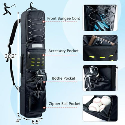 Rolling Baseball Bat Bag with Wheels, Large Capacity Gear Bag Holds 4 Bats, Reinforced Hard Base & Structured Back Panel, Top & Bottom Grab Handles, Shoe & Helmet Compartments for Youth &Adult Players - color: Black - Slim Style - No Wheels