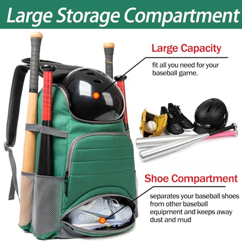 Baseball Bag - Lightweight Softball & T-Ball Backpack with Shoe Compartment for Equipment & Gear - color: GREED