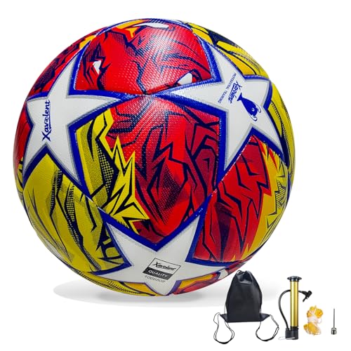 Professional Soccer Ball Size 5, Thermal Bonded Waterproof PU Match-Quality Training Ball with Pump - color: red and yellow, size: size 5