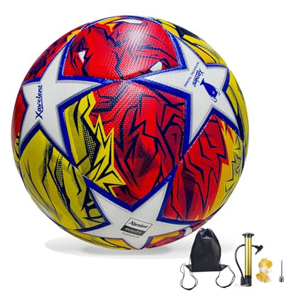 Professional Soccer Ball Size 5, Thermal Bonded Waterproof PU Match-Quality Training Ball with Pump - color: red and yellow, size: size 5