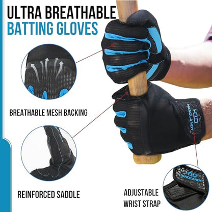 HANDLANDY Baseball Batting Gloves for Adult Youth, Grip Breathable Softball Batting Gloves Fit Men Kids Boys Girls - color: Black-Blue, size: Adult X-Large