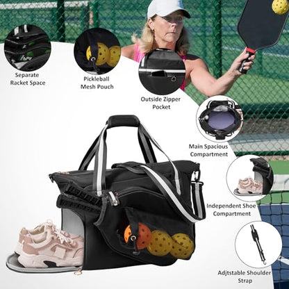 Pickleball Bag for Women Men,Pickleball Tote Bag with Shoe Compartment - color: Black