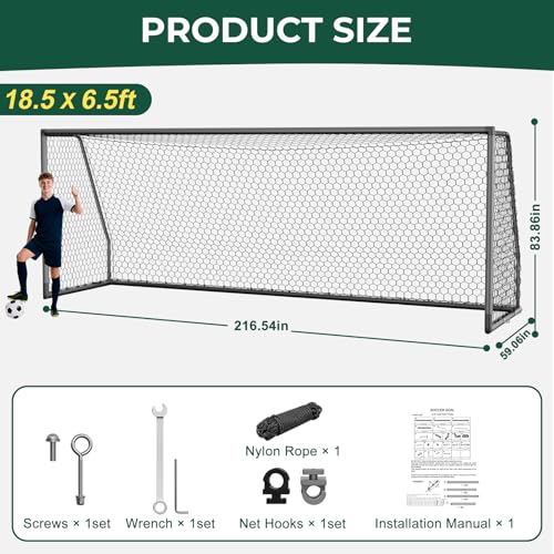 MOPHOTO Soccer Goal, 6X4/8x6/10x6.5/12x6/16x7/18.5x6.5/21x7/24x8ft Soccer Goals for Backyard, Full Size Soccer Goal for Teens & Adults Training - size: 18.5x6.5FT, style: Alu-Grey