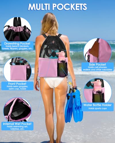 BROTOU Swim Bag Beach Backpack with Wet Pocket Mesh Drawstring Bags for Swimming, Gym - color: Pink
