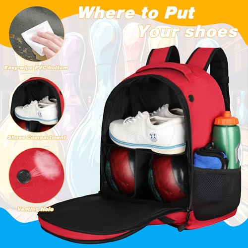Goloni 2 Ball Bowling Backpack,Bowling Ball Bag with Shoe Compartment & Portective Foam Padded, Fits Shoes Up to US Size 16 - color: Red
