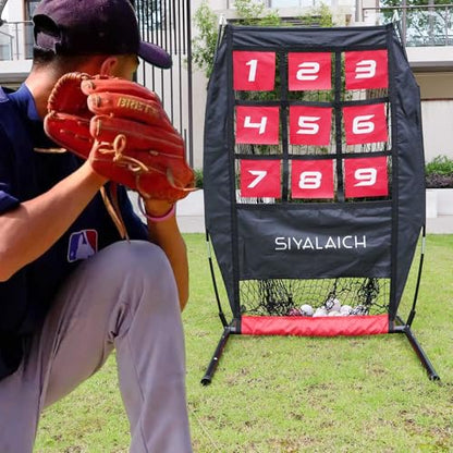 Ultimate Portable Pitching Target Net for Baseball, Softball & Football | Pro-Tested Practice System with Numbered Strike Zone | Includes Carry Bag & Enables Quick Assembly - color: Black/Red