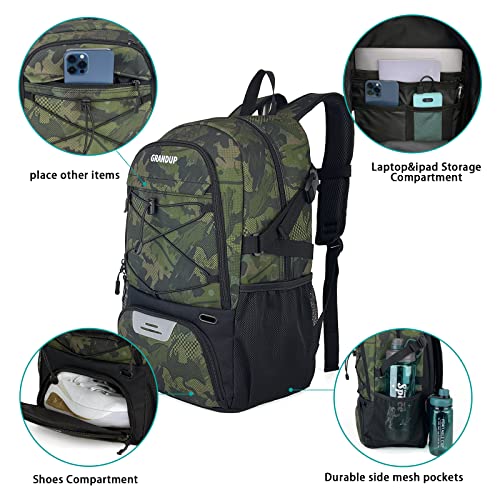 GRANDUP Basketball backpack with ball and shoes compartment Fit Volleyball, soccer, Swim, Gym, Travel, and School, large capacity sports training equipment bags - color: camo art